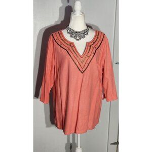 KIM ROGERS TUNIC COLOR PINK 3-4 SLEEVE LINEN-RAYON  SIZE 1X